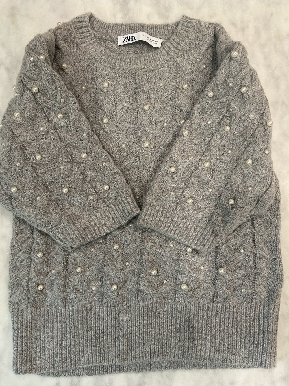 Zara Gray Pearl-Embellished Cable Knit Crewneck Sweater